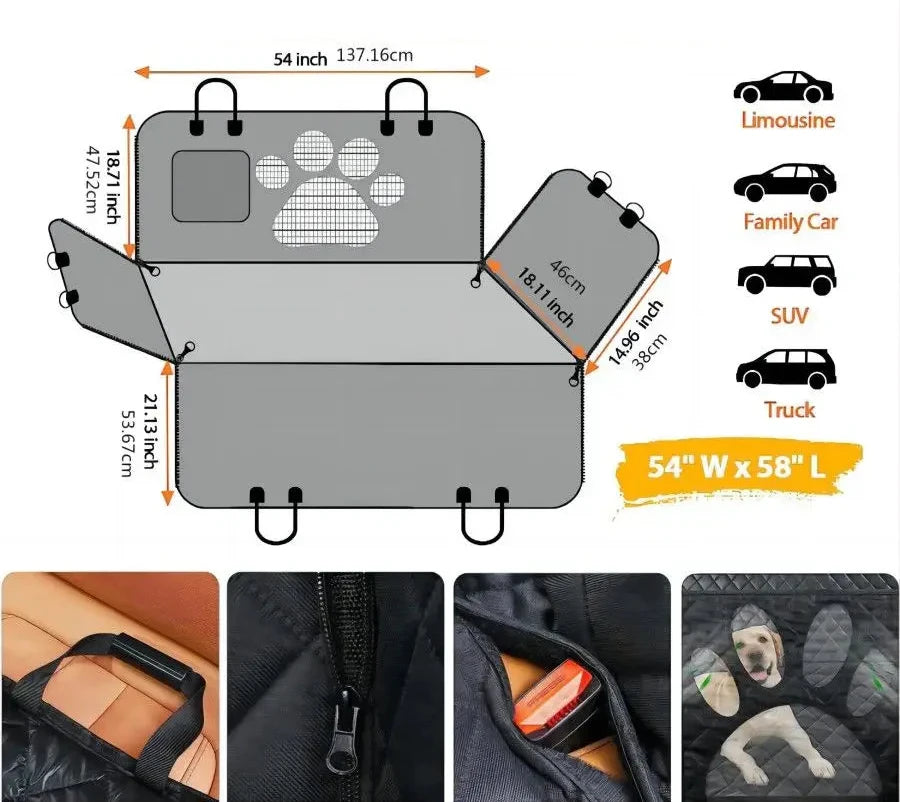 Car Back Seat Cover / Boot Liner - 100% Waterproof - Mesh Window and Side Zips for Door Protection