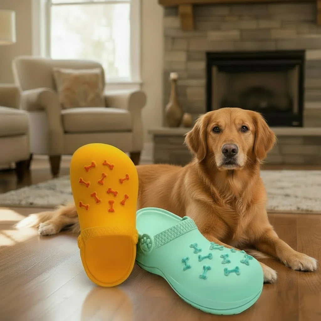 Durable Rubber Squeaky Slipper Shaped Dog Toy, Helps with Teeth Cleaning