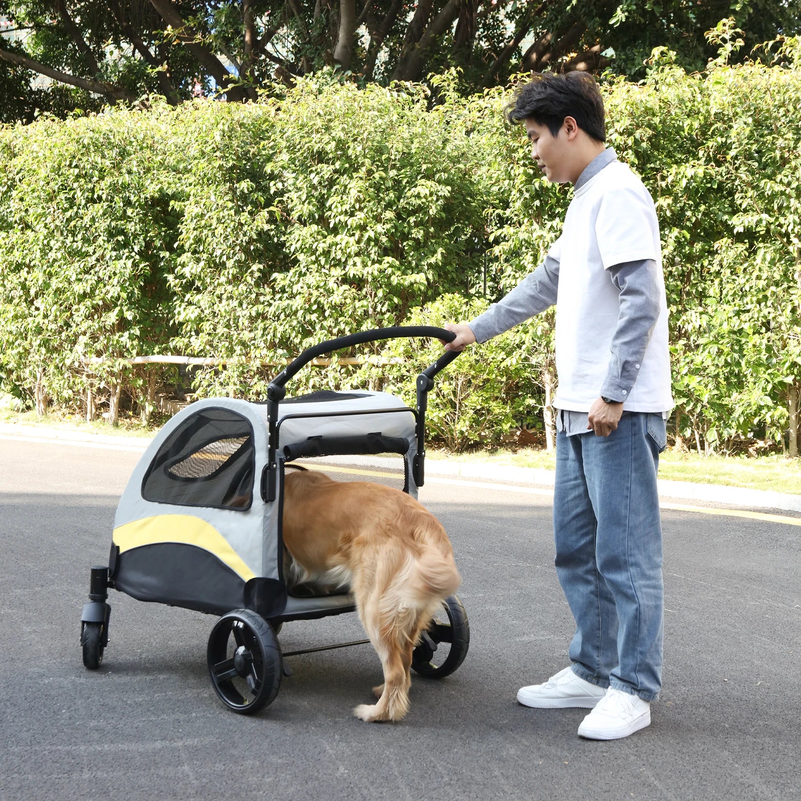 Bingo Paw 4 Wheel Dog Stroller for Medium & Large Dogs - Foldable Pet Travel Carriage
