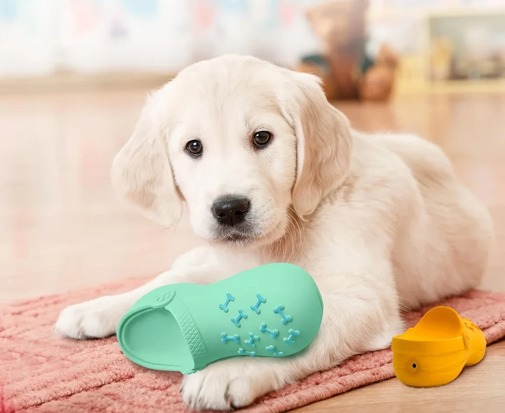Durable Rubber Squeaky Slipper Shaped Dog Toy, Helps with Teeth Cleaning