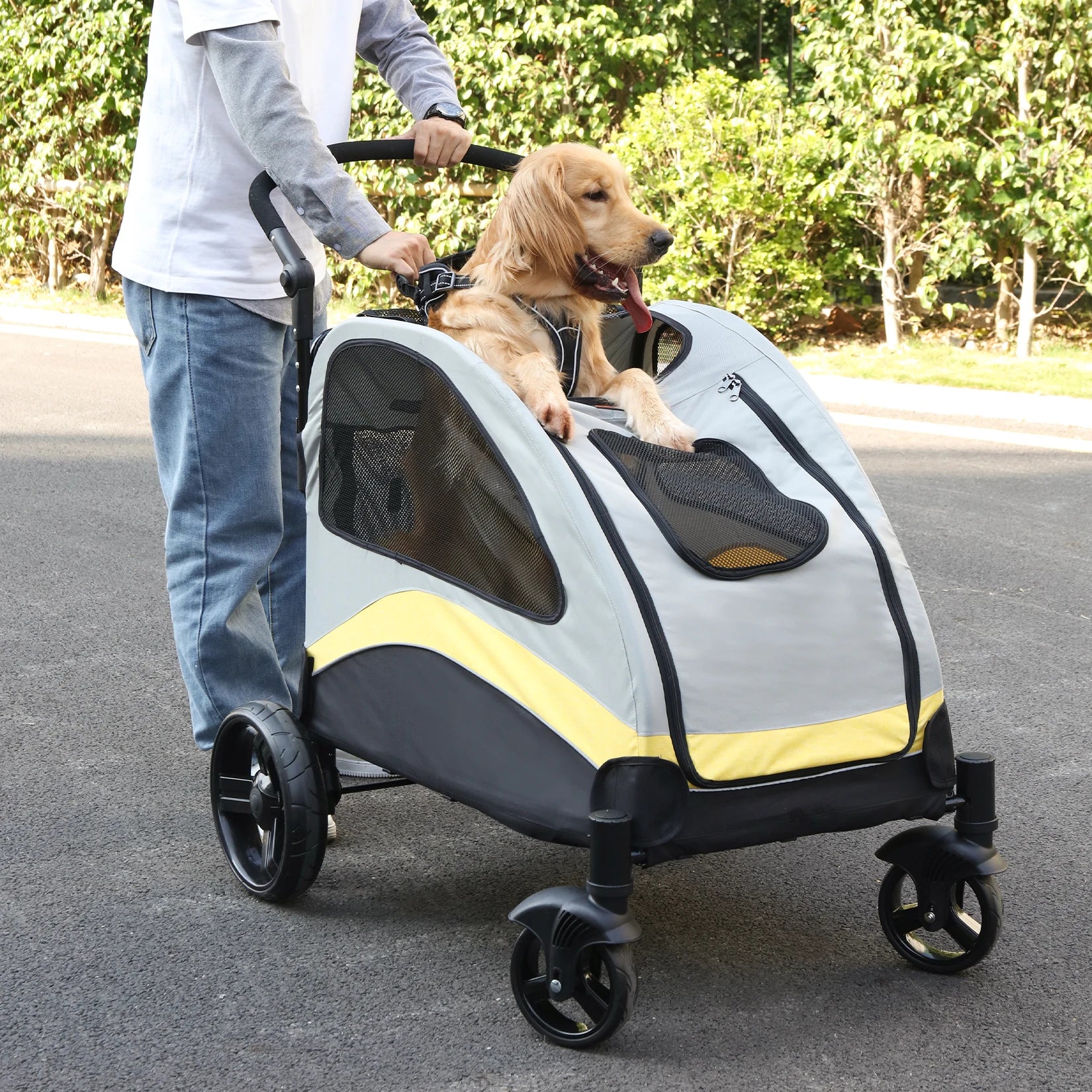 Bingo Paw 4 Wheel Dog Stroller for Medium & Large Dogs - Foldable Pet Travel Carriage