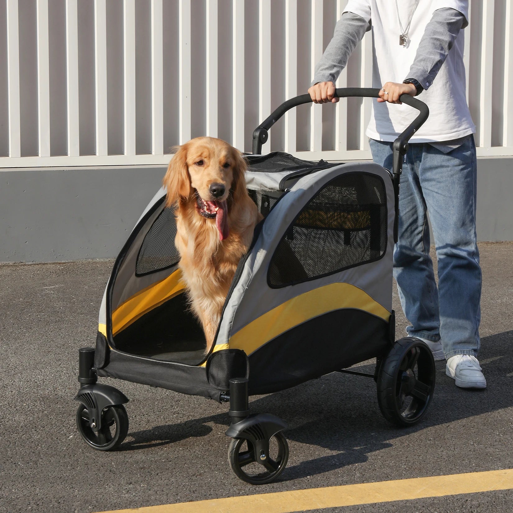 Bingo Paw 4 Wheel Dog Stroller for Medium & Large Dogs - Foldable Pet Travel Carriage
