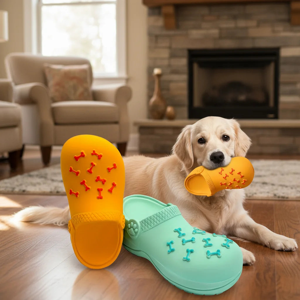 Durable Rubber Squeaky Slipper Shaped Dog Toy, Helps with Teeth Cleaning