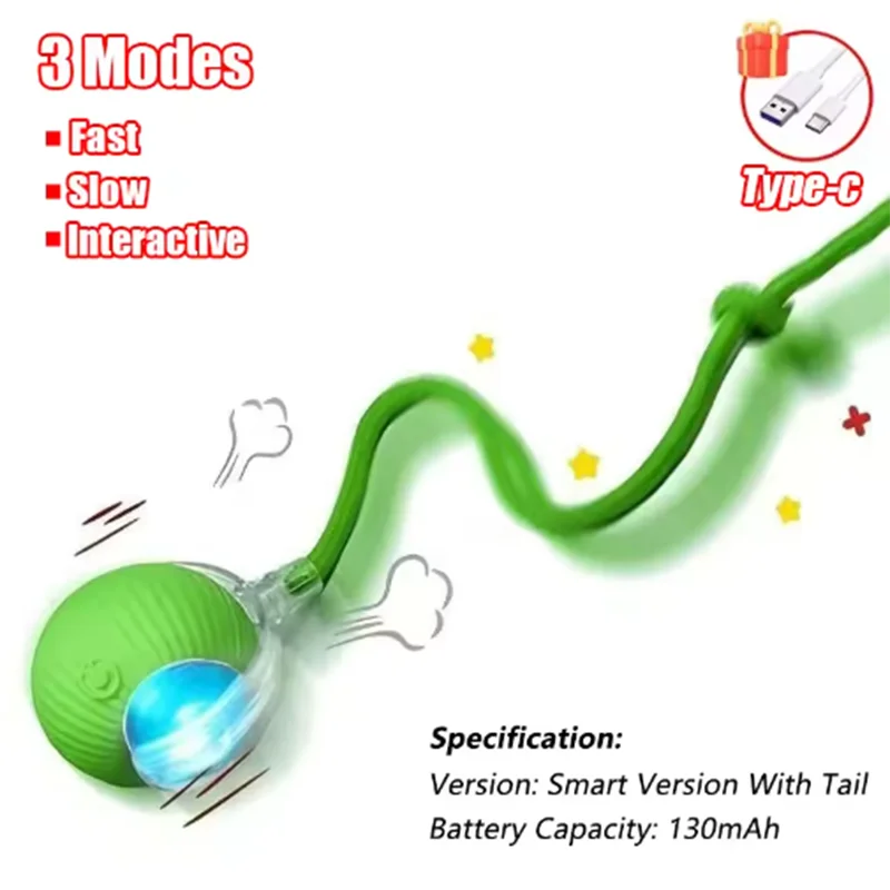 Interactive ball toy, Automatic rolling ball with a tail - 3 Modes - Interactive cat or dog toy